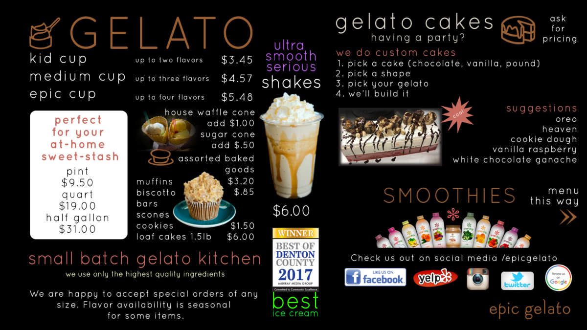 Menu Epic Gelato